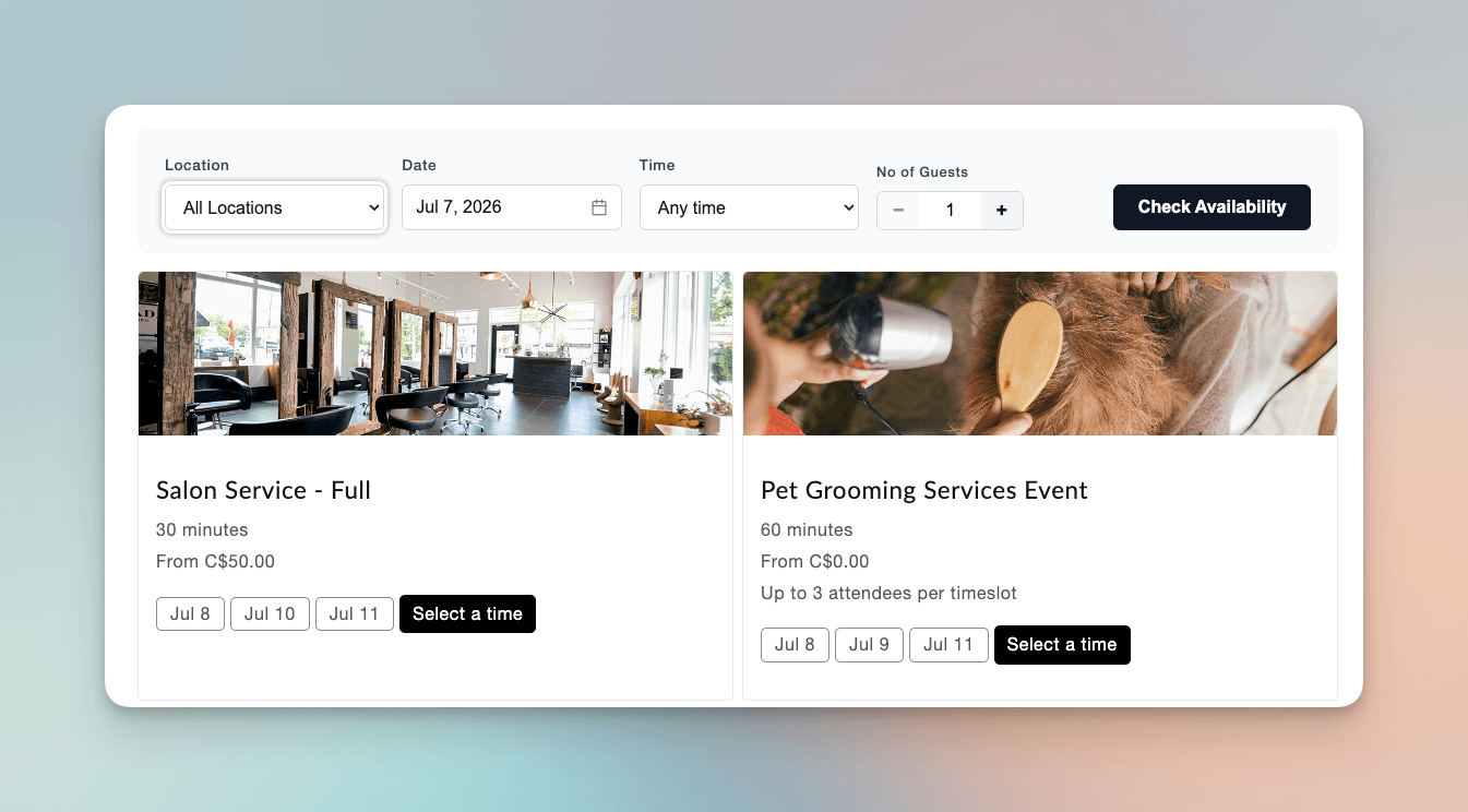 Booking widget with a location selector, date and time filters, and available services shown as cards customers can book