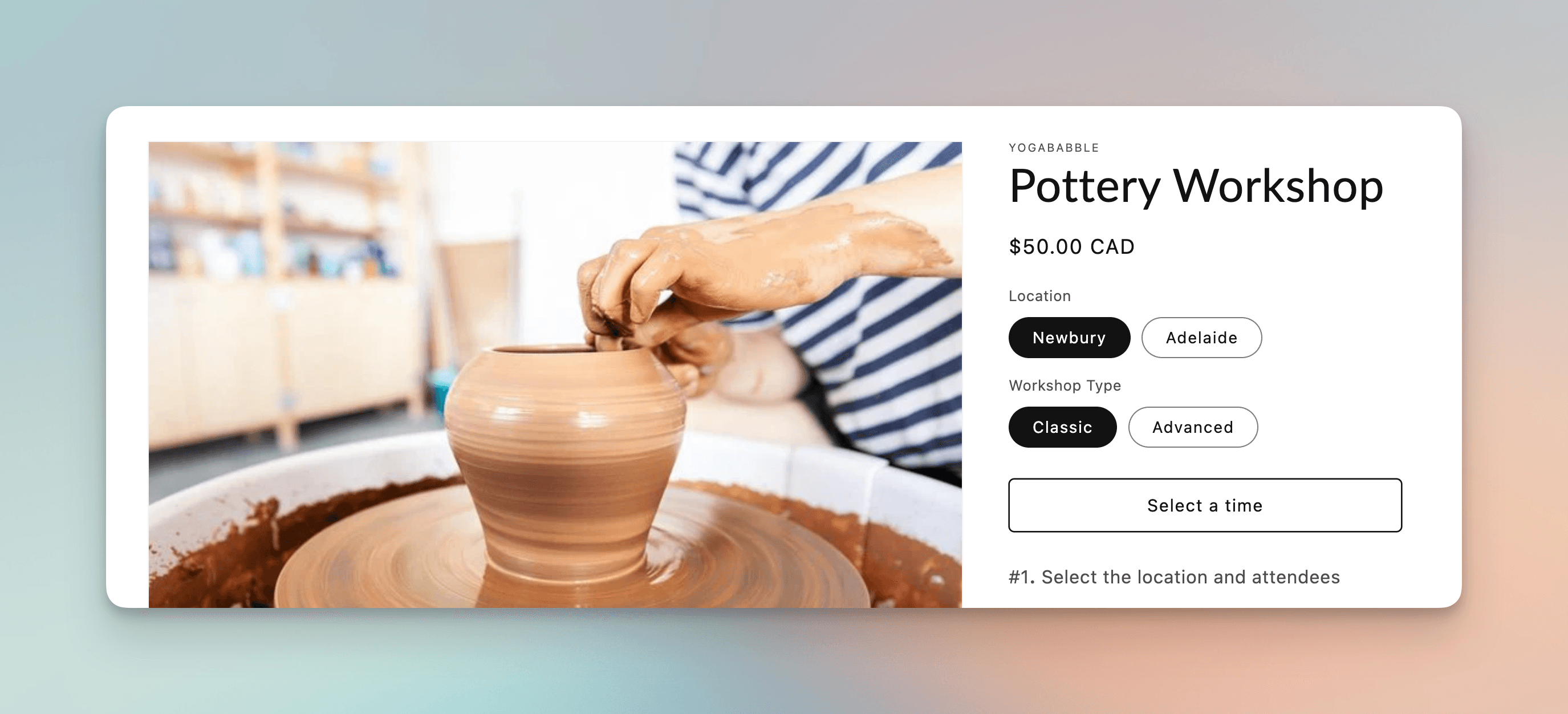 Booking product page with location selector showing multiple locations