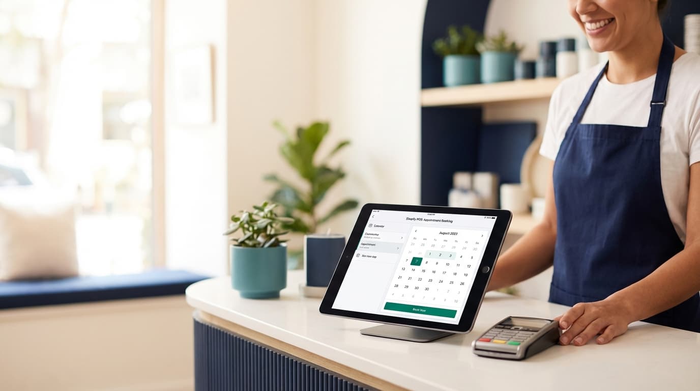 Shopify POS tablet at a retail counter showing appointment booking