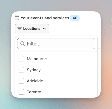 Locations dropdown filtering events and services to a single location