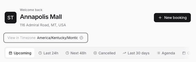 A location's own booking workspace with its address, timezone, and upcoming bookings