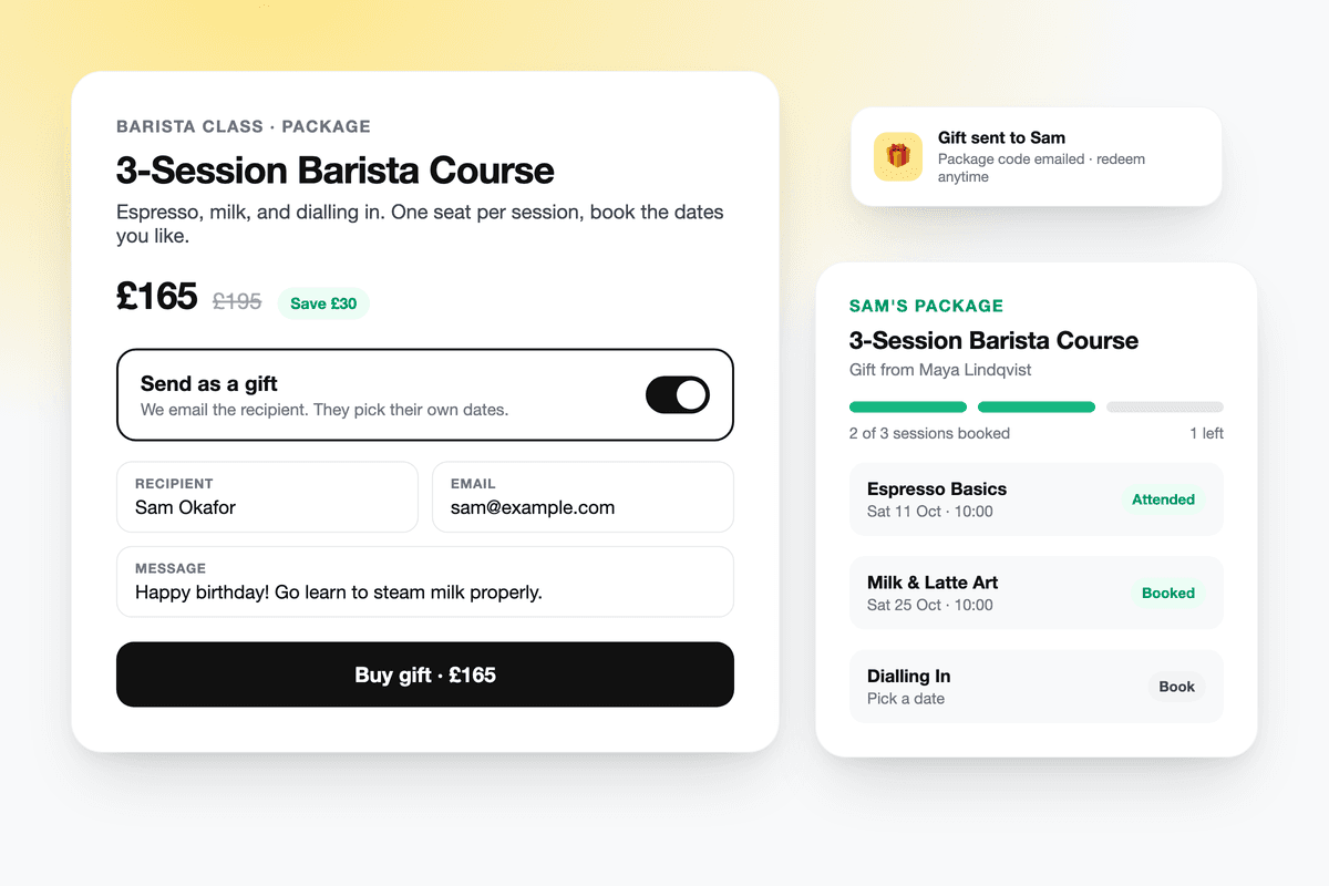 Buying a three-session barista course as a gift, and the recipient's package with two of three sessions booked