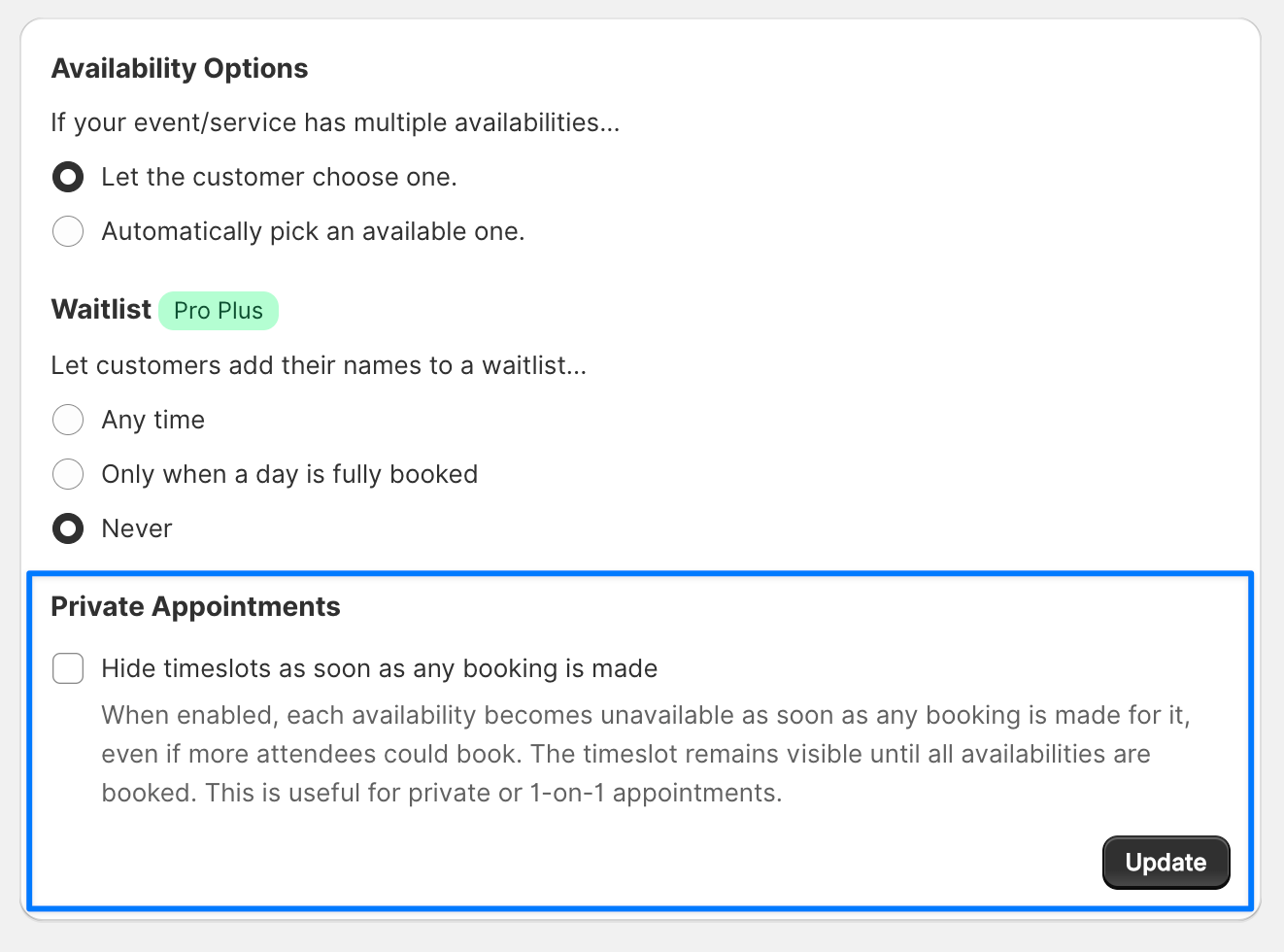 Private Appointments settings