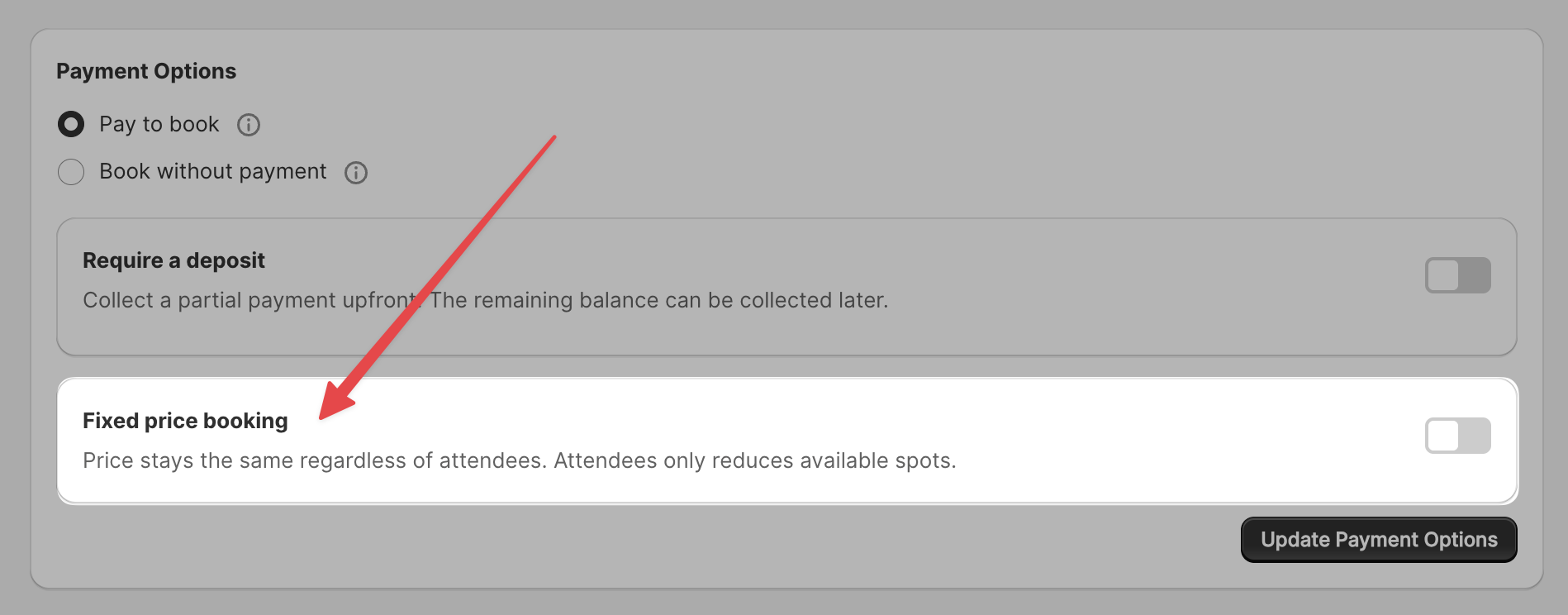 Fixed price booking toggle in the Payment Options panel
