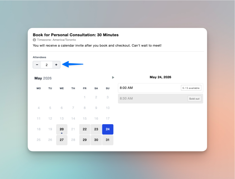 Attendee selector above the storefront booking calendar
