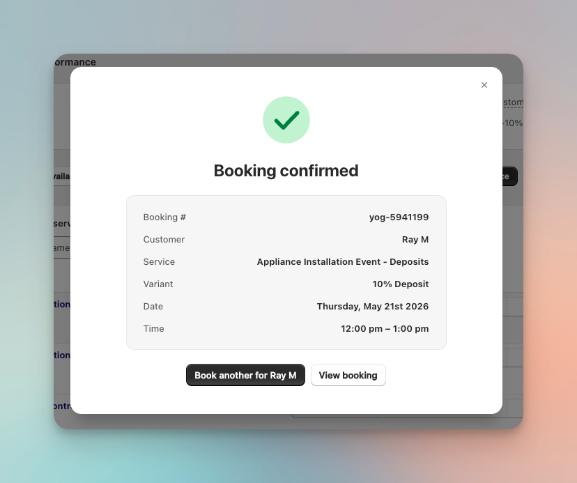 Booking confirmed modal with Book another and View booking actions