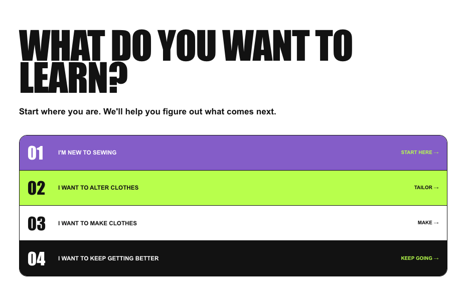 Moxie Collective's booking flow asking the customer what they want to learn