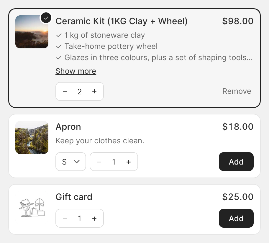 Add-on cards on the booking calendar. A ceramic kit is added, outlined and marked with a check, with a quantity of 2 and a Show more link. An apron and a gift card each have an Add button