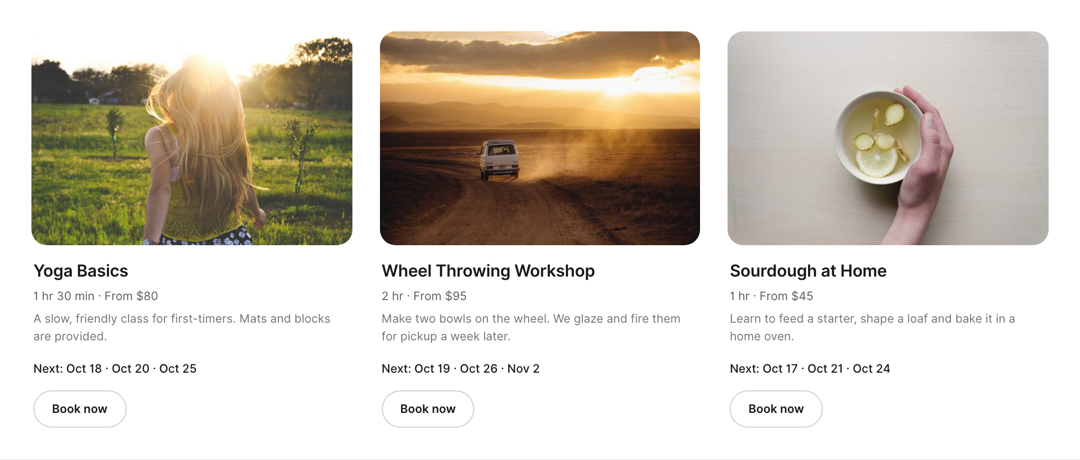 Three event cards in a grid, for Yoga Basics, Wheel Throwing Workshop and Sourdough at Home, each with a photo, duration and starting price, a short description, the next available dates, and a Book now button