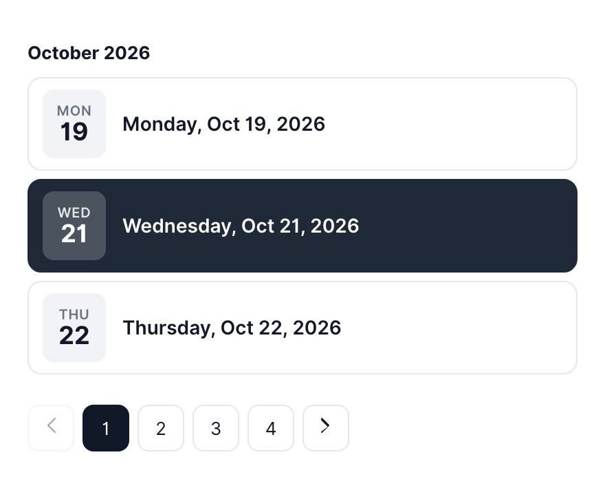 The date list on the booking calendar, with an October 2026 heading, three date cards for Monday the 19th, Wednesday the 21st (selected) and Thursday the 22nd, and numbered pages below