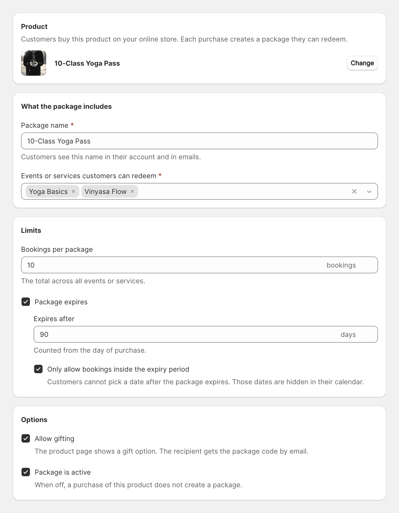 The package form with four sections: the product, What the package includes with the package name and services, Limits with bookings per package and expiry, and Options with Allow gifting and Package is active