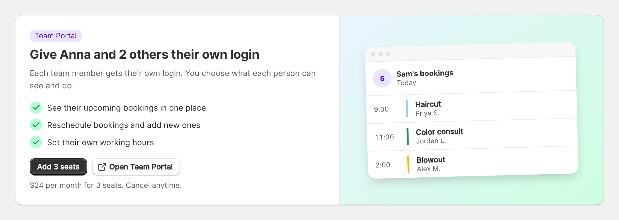 The Team Portal card saying Give Anna and 2 others their own login, with an Add 3 seats button and the monthly price for 3 seats