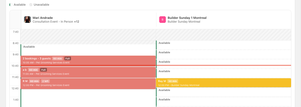 A close-up of the Availability View with two columns of staff and resources, hatched unavailable hours, green-edged available time, and booked blocks labelled with Full and 2 left badges