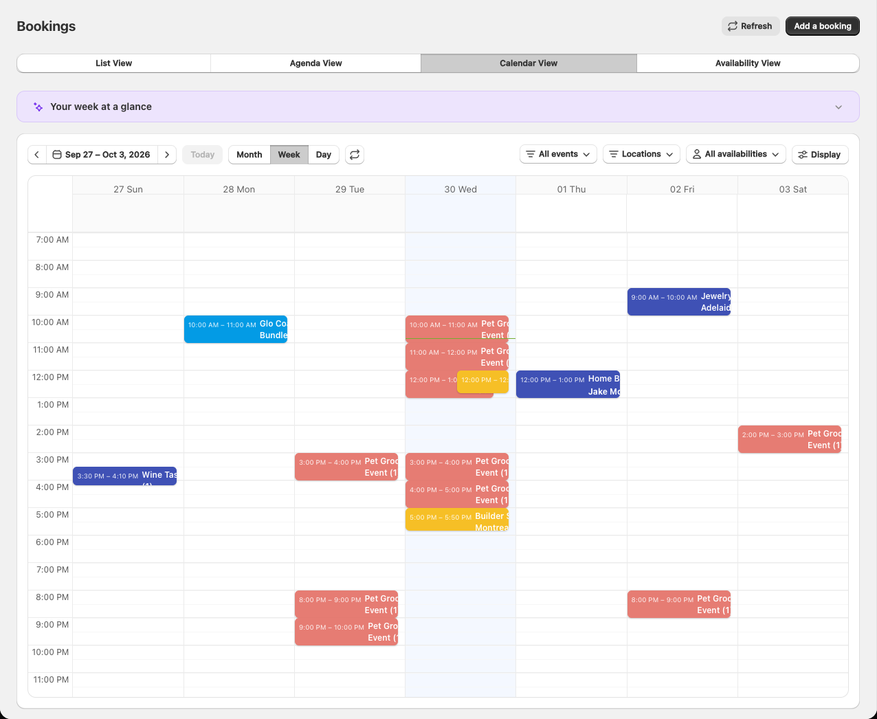The Bookings page on the Calendar View tab, showing the Week view for September 27 to October 3 with colour-coded booking blocks laid out by hour, a Month, Week and Day switcher, and filters for events, locations and availabilities