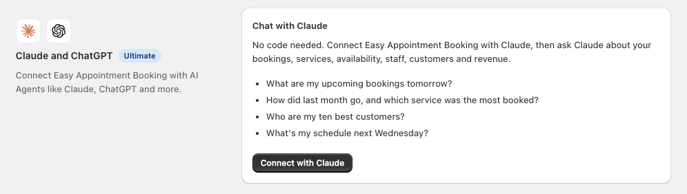 The Chat with Claude card in settings, with example questions such as What are my upcoming bookings tomorrow, How did last month go and which service was the most booked, and Who are my ten best customers, above a Connect with Claude button