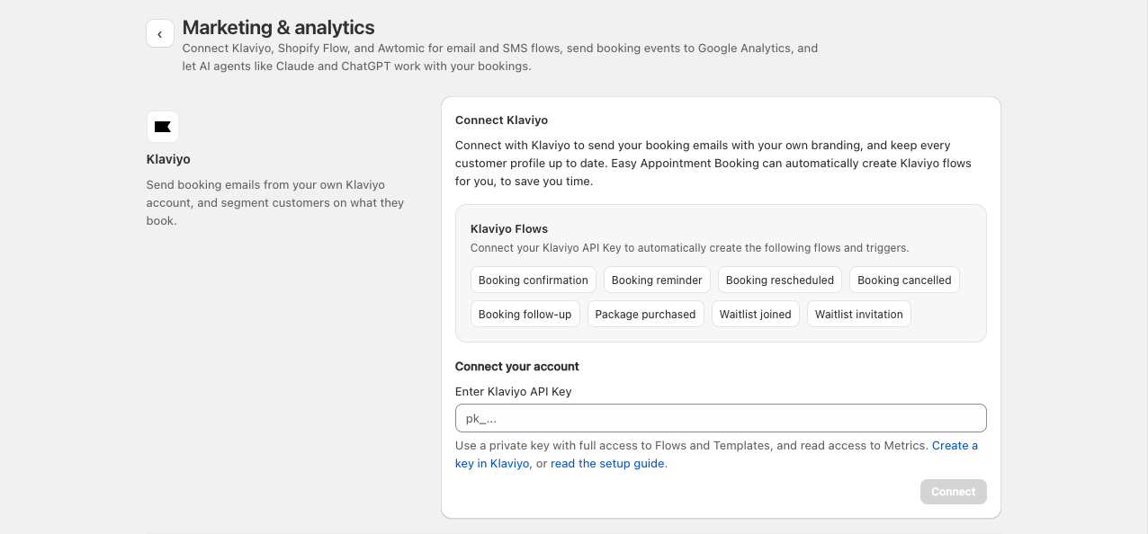 The Klaviyo card on the Marketing and analytics settings page, listing the eight flows the app can create: Booking confirmation, Booking reminder, Booking rescheduled, Booking cancelled, Booking follow-up, Package purchased, Waitlist joined and Waitlist invitation