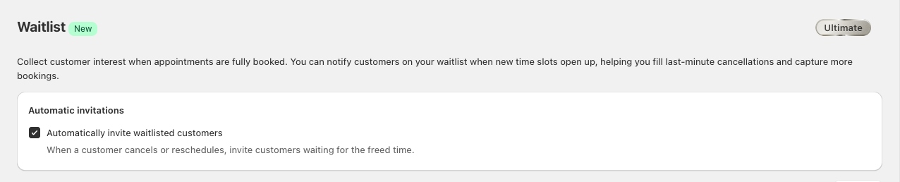 The Waitlist page with an Automatic invitations card and a ticked checkbox labelled Automatically invite waitlisted customers, described as inviting customers waiting for the freed time when a customer cancels or reschedules