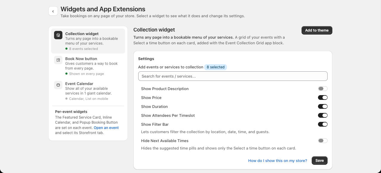 The Widgets and App Extensions settings page, with a menu listing the Collection widget, Book Now button and Event Calendar with their status, and the Collection widget's settings open on the right