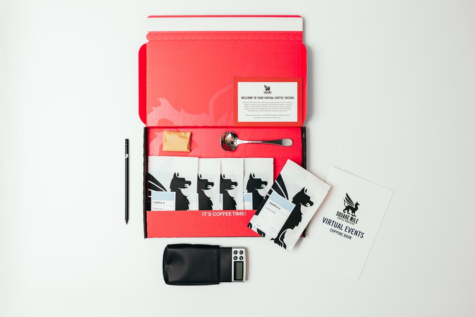 Square Mile's virtual tasting kit: five sample coffees, a cupping spoon, scales and a cupping book