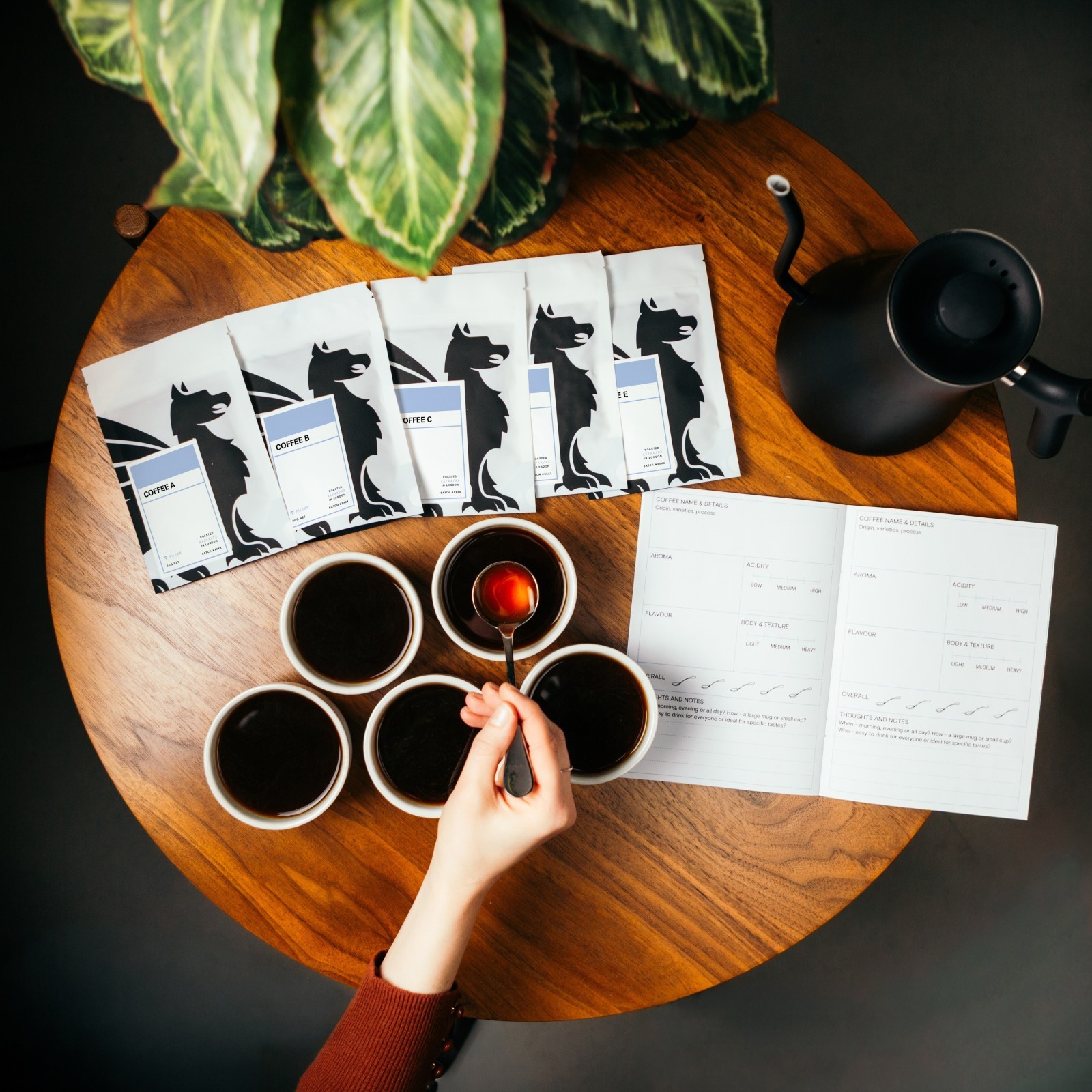 A Square Mile tasting: five coffees, five cups, and a cupping book to score them