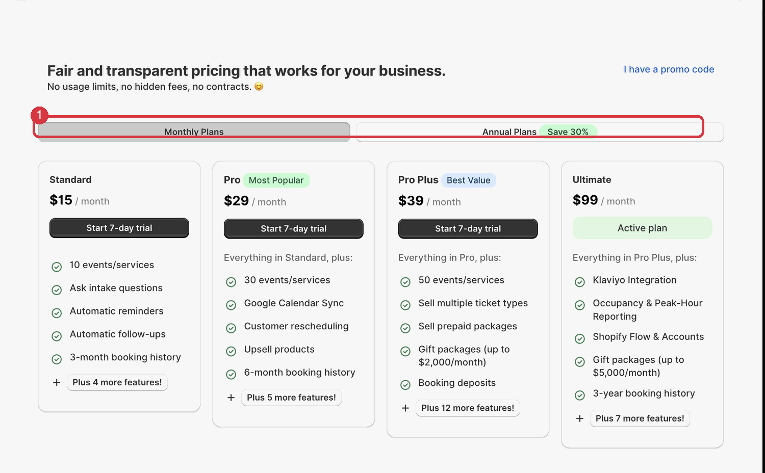 The Account page shows monthly and annual plan choices above the plan cards.