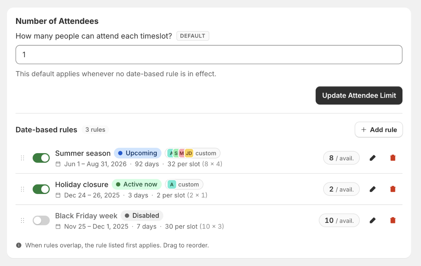 Number of Attendees card showing the default attendee limit and a list of three date-based rules with status pills