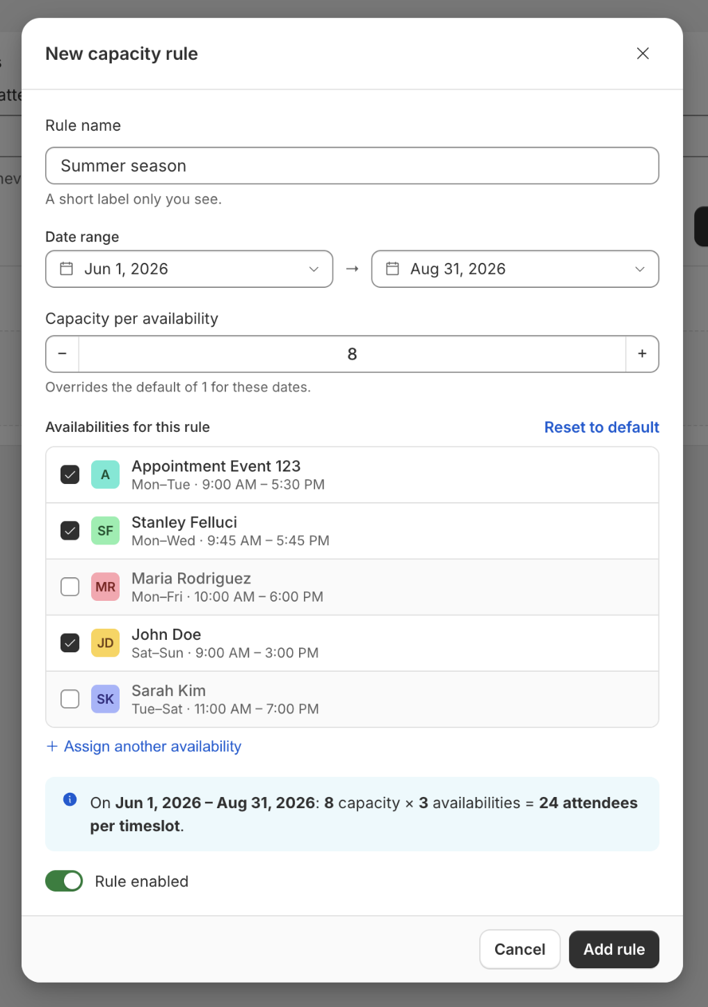 New capacity rule modal with Summer season label, June–August 2026 date range, capacity 8 per availability, three availabilities checked, and the calculated total of 24 attendees per timeslot