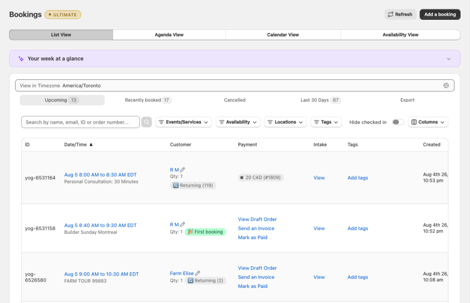 Bookings List View in Easy Appointment Booking, showing the view tabs, the Upcoming and Recently booked filters, the search bar with Events/Services, Availability, Locations and Tags filters, and a table of upcoming bookings