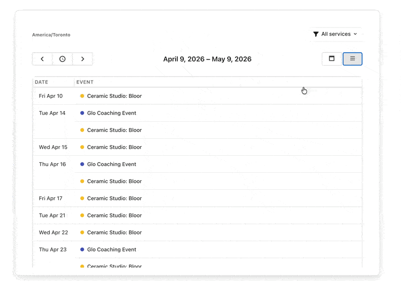 Event Calendar showing a schedule of upcoming services with color-coded dots, date range navigation, and an All services filter