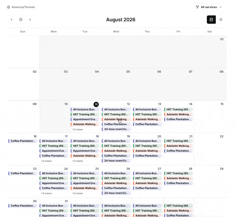 Event Calendar month grid for August 2026, each day stacked with color-coded service pills and a "+2 more" hint, with month navigation and an All services filter