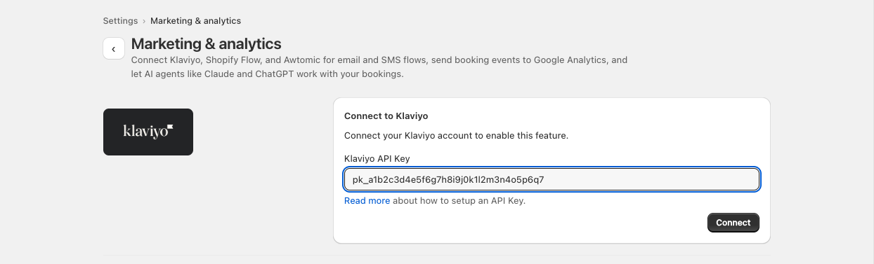 The Marketing and analytics settings page in Easy Appointment Booking, showing the Connect to Klaviyo card with an API key pasted into the Klaviyo API Key field and the Connect button in the card footer