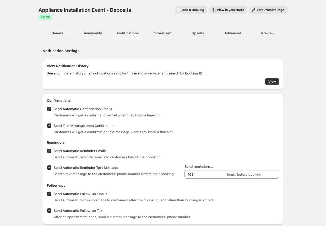The Notifications tab of an event in Easy Appointment Booking, showing the Confirmations, Reminders and Follow-ups checkboxes with the "Send reminders... hours before booking" field set to 168
