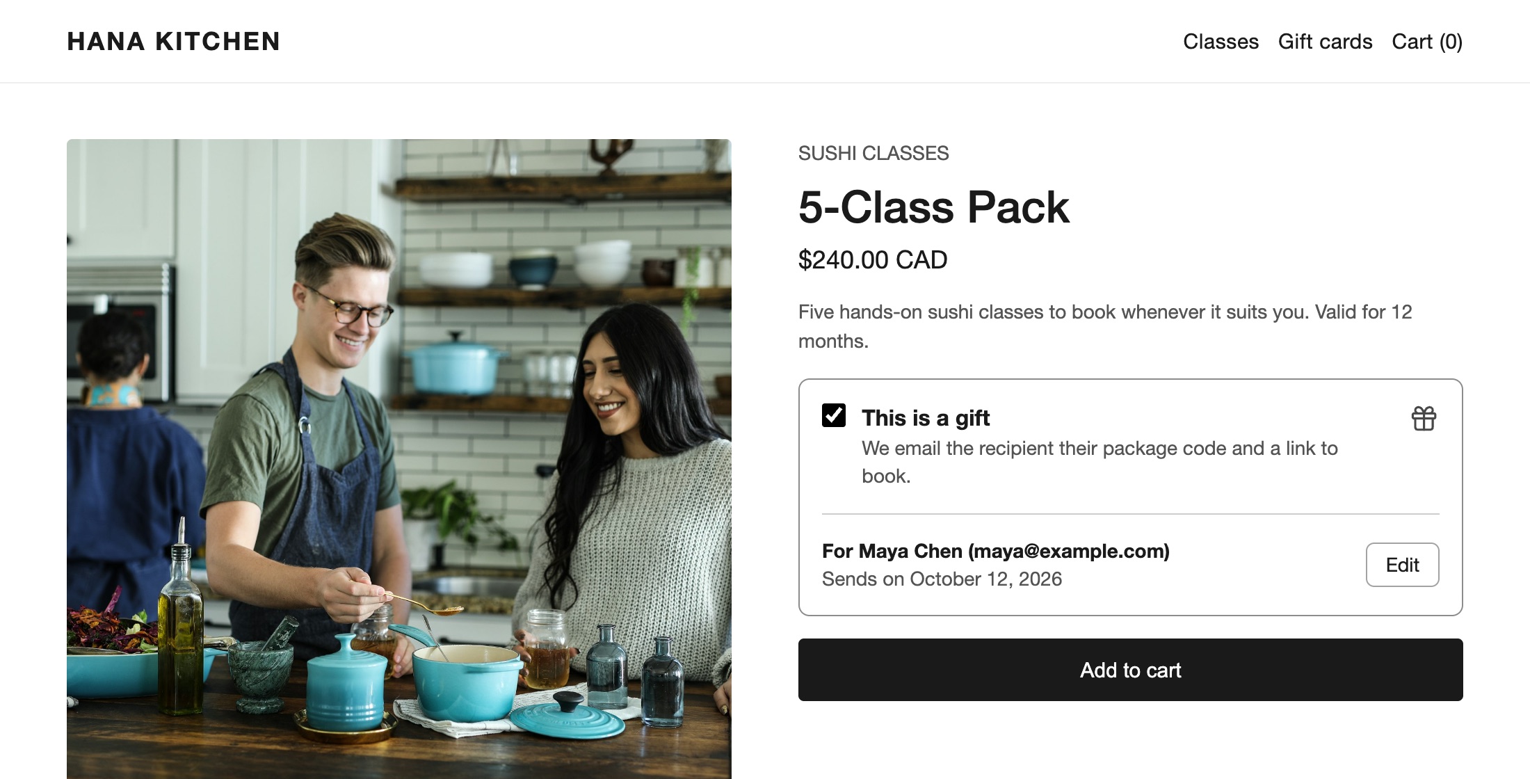 A product page for a 5-Class Pack with This is a gift ticked and the summary "For Maya Chen (maya@example.com), Sends on October 12, 2026" with an Edit button, above Add to cart
