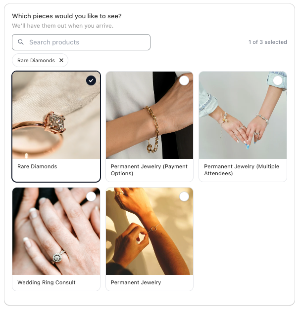 The product picker as customers see it, with a search box, a 1 of 3 selected count, the picked product shown as a removable chip, and a grid of product cards with one selected