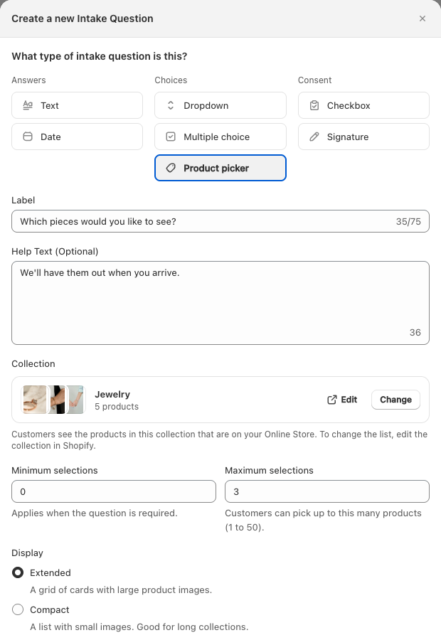 A Product picker intake question in Easy Appointment Booking, showing the selected Jewelry collection with 5 products and Edit and Change buttons, Minimum selections set to 0, Maximum selections set to 3, and the Extended and Compact display options